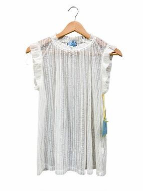 CeCe High Tide Blouse Ruffle Sleeve Semi Sheer Sleeveless Ivory M NWT